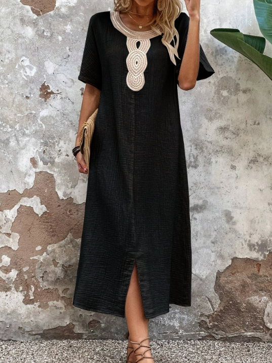 【S-3XL】Rochie brodata la gât rotund din bumbac si in de culoare uni
