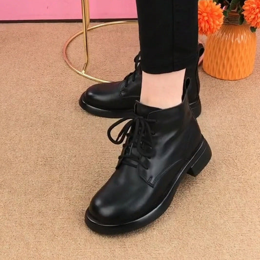 【35-40】Botas martin de piel auténtica para mujer con tacón plano y punta redonda