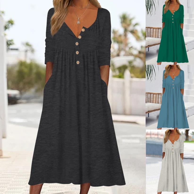 😍😍😍【S-3XL】Rochie midi de culoare uni cu nasturi