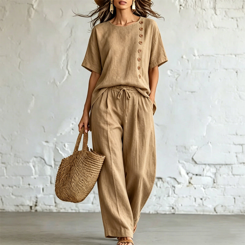 🎨 Ofertă limitată în timp👖👚 【Set tricou + pantaloni largi】Set modern casual, confecționat din bumbac și in, confortabil și respirabil.