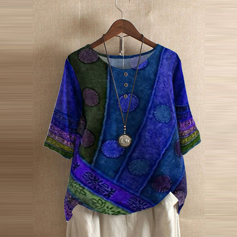 🌸2025 Noul puzzle geometric cu imprimare digitală, cu gât rotund, tricou mai lung pentru femei