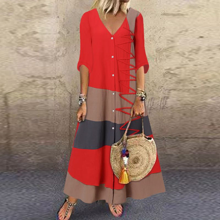 🌸🌸【S-5XL】2025 Noua modă de moda casual doamnelor cu decolteu în V cu mânecă scurtă cu mâneci scurte de imprimare rochie lun