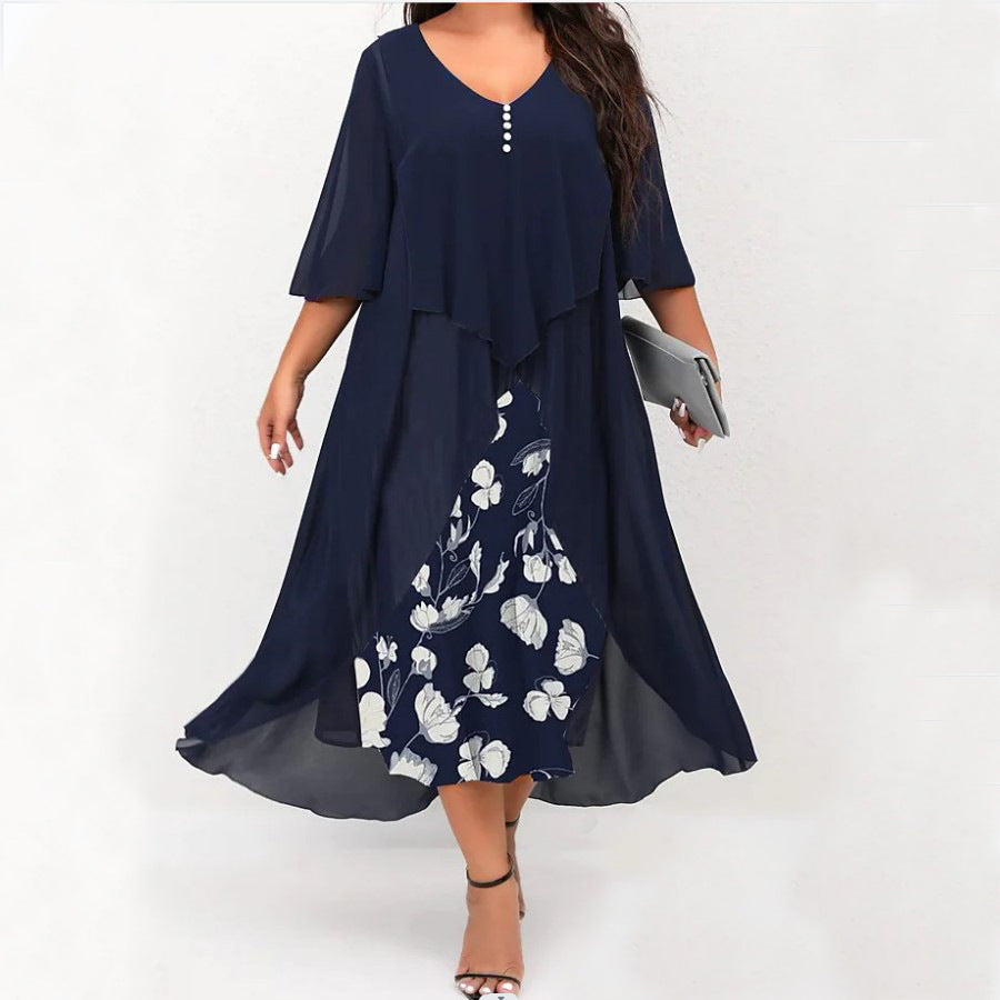 ✨💕【S-5XL】Rochie nouă din două piese, din șifon, cu imprimeu neregulat și model patchwork, mărime mare, 2025