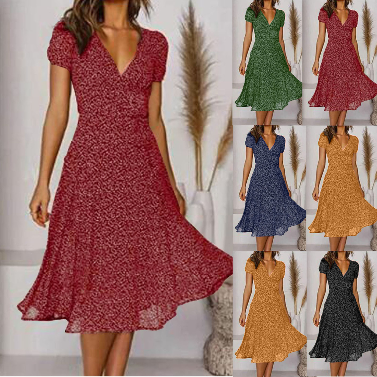 🌈💃【50% popusta🔥】👗😍2026 nova ženska modna točkasta haljina s V-izrezom i kratkim rukavima, točkasta haljina od šifona