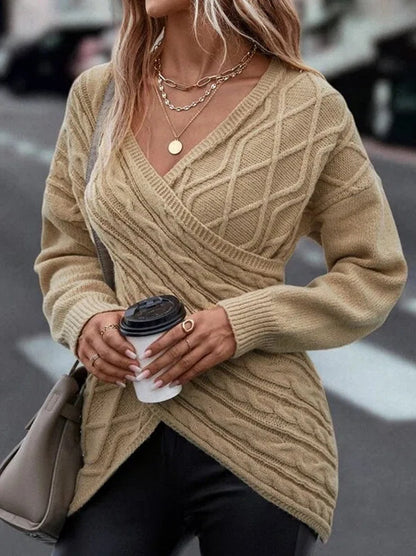 ✨Nowy, jednokolorowy, żakardowy sweter z dekoltem w serek, dopasowany do codziennego noszenia