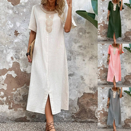 【S-3XL】Rochie brodata la gât rotund din bumbac si in de culoare uni