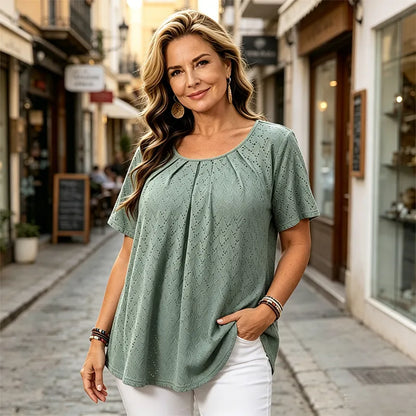 Elegantna ženska bluza s vezom i plisiranim dekolteom, ležerna majica kratkih rukava, teksturirana košulja u francuskom stilu