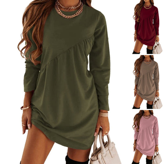 [Večbarvne možnosti] 2025 Jesen/zima nova enobarvna obleka z dolgimi rokavi