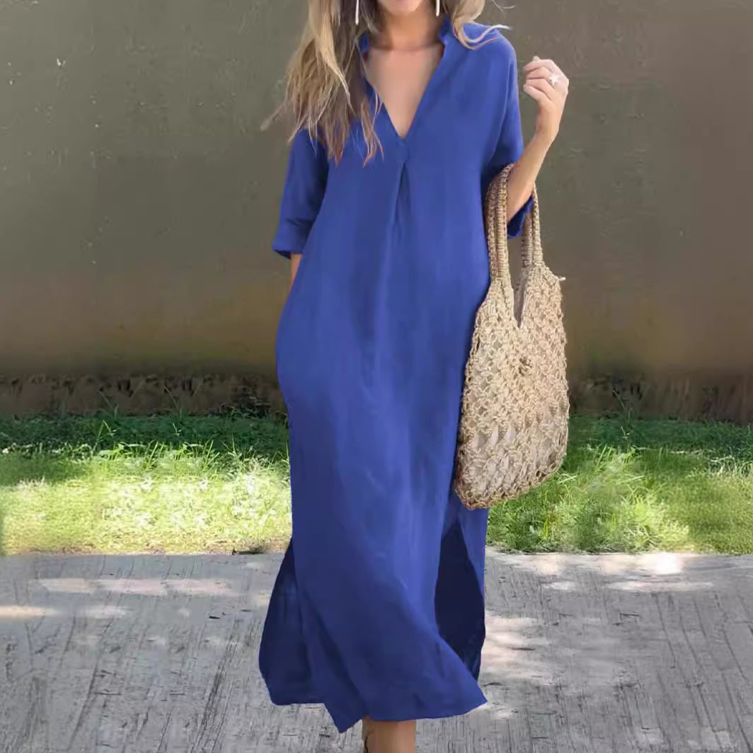 🌿💃【50% έκπτωση 🔥】【S–3XL】Μακρύ λινό φόρεμα με V λαιμόκοψη και σκισίματα, άνετο και ελαφρύ για το καλοκαίρι