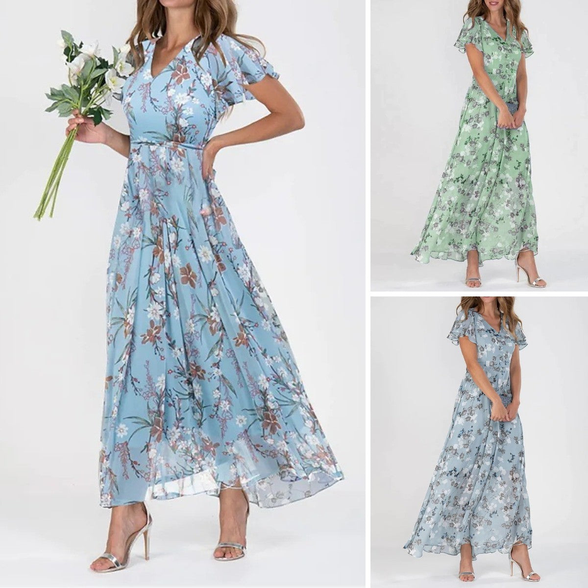 【S-3XL】Vestido de gasa de manga corta con volantes en forma de V con cintura de moda