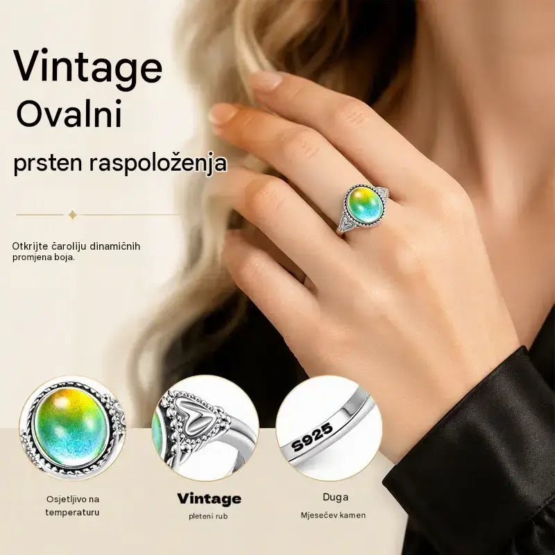 💞💍Ovalni prsten u vintage stilu koji mijenja boju ovisno o temperaturi, ukrašen detaljima u obliku srca.