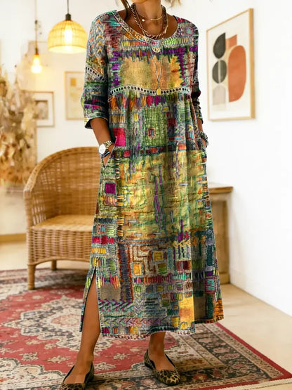 💟【S-5XL】Ženska haljina od čistog pamuka, etnički print, patchwork, čipkasti obrub