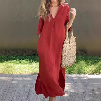 🌿💃【50% έκπτωση 🔥】【S–3XL】Μακρύ λινό φόρεμα με V λαιμόκοψη και σκισίματα, άνετο και ελαφρύ για το καλοκαίρι