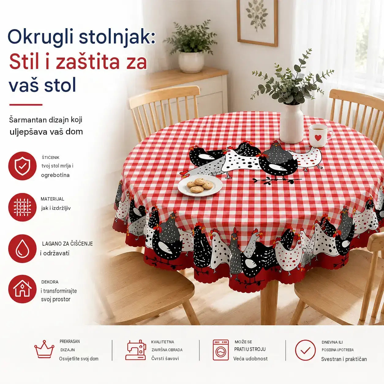 🐓 50% POPUSTA SAMO OGRANIČENO VRIJEME! ❤️ Stolnjak s uzorkom seoskog pijetla: Crveni karirani stolnjak s printom piletine, otporan na prolijevanje s čipkastim obrubom ✨