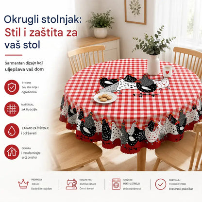 🐓 50% POPUSTA SAMO OGRANIČENO VRIJEME! ❤️ Stolnjak s uzorkom seoskog pijetla: Crveni karirani stolnjak s printom piletine, otporan na prolijevanje s čipkastim obrubom ✨