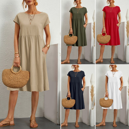 🌈💃【50% popusta】【S-2XL】😍 Ljetna ženska haljina u velikim veličinama, opuštenog OL stila, s A krojem i okruglim izrezom, 100% pamuk