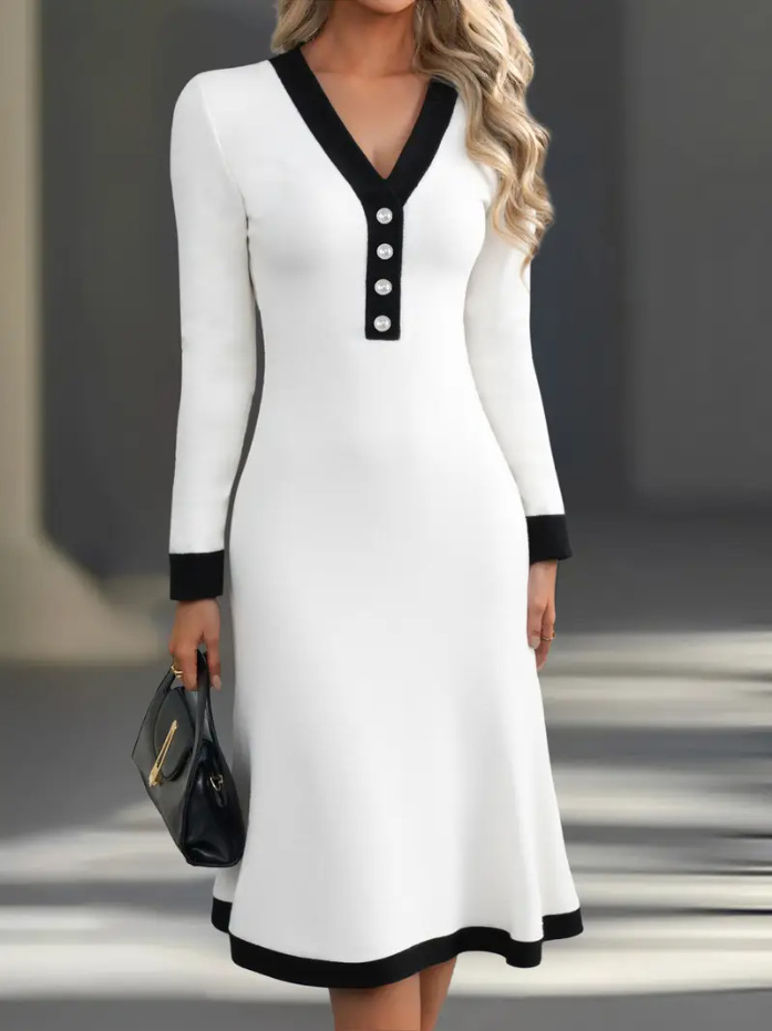 🌷🌞 Ženska jesensko-zimska haljina s kontrastnim V-izrezom