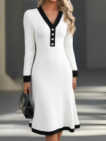 🌷🌞 Ženska jesensko-zimska haljina s kontrastnim V-izrezom