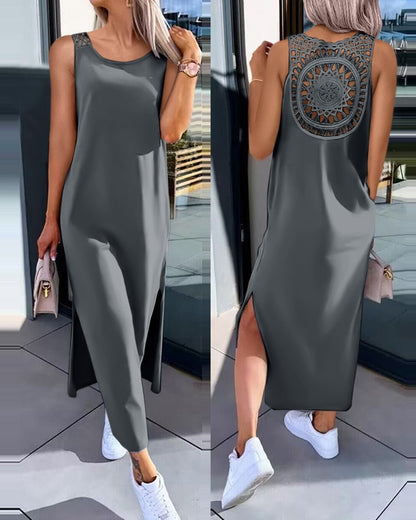 💋✨【50% zniżki 🔥】【S-XXL】✨👗 Sukienki bez rękawów w dużych rozmiarach, z wycięciem na plecach i rozcięciem po bokach