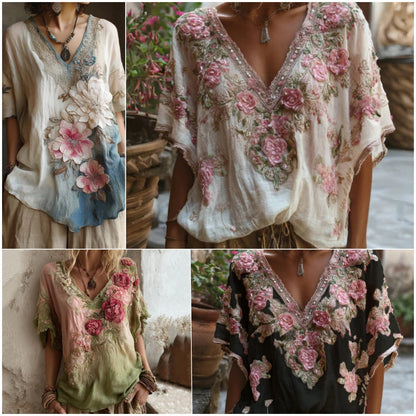 💕【S-4XL】 Blusa elegante con cuello en V profundo y estampado floral