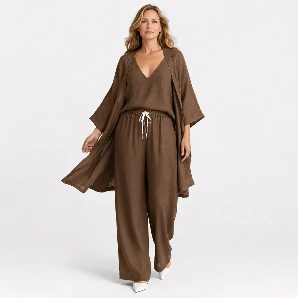 🍂 Za jesen! ✨ Ženski set od 3 dijela od pamuka i lana 👚 Dugi kardigan s 3/4 rukavima + gornji dio bez rukava + hlače, udobne i široke linije 💖