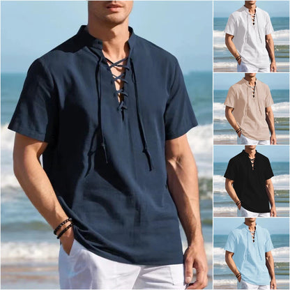 🏄‍♂️👔【Ljetni novi artikli - 50% popusta🔥】Muška pamučna i lanena Henley majica velikih veličina, V-izrez, vezica