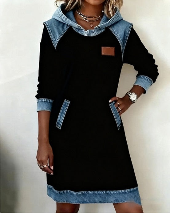 🔥⛄【50% de descuento✨】🌷🌞 Nuevo vestido vaquero con capucha y patchwork, ideal para el invierno