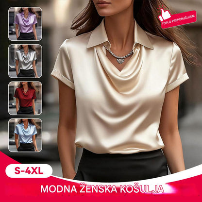 Jednostavna i elegantna ženska satenska košulja kratkih rukava