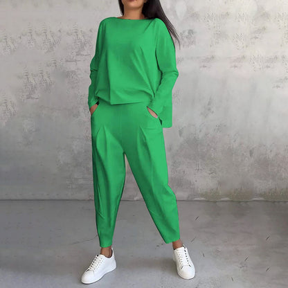 💞Promocja czasowa 50%💖 Zestaw z długim rękawem, bluzka z okrągłym dekoltem i długie spodnie