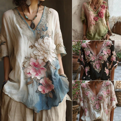 💕【S-4XL】 Blusa elegante con cuello en V profundo y estampado floral
