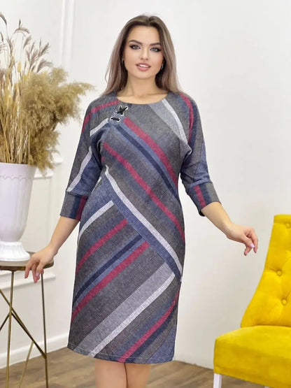 👗🍂Νέο φθινοπωρινό κομψό ριγέ φόρεμα με στρογγυλή λαιμόκοψη