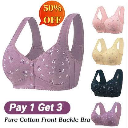 【4 piezas】Sujetador elegante de algodón puro con botones delanteros para mujeres de mediana edad