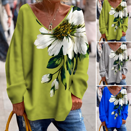 💐50% popusta na majicu širokog kroja od čistog pamuka [S-2XL] Moderna ženska majica s V-izrezom i printom za proljeće i jesen ✅Plaćanje pouzećem