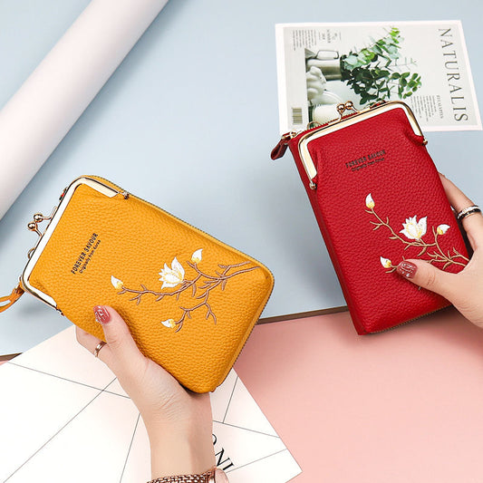 👜 Portfel damski typu crossbody ze skóry bydlęcej z haftem i paskiem na ramię, model 2025🎁