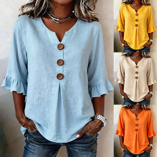 【S-3XL】 👚💖Ženska udobna pamučna i lanena košulja s volanima srednje duljine i kopčanjem na gumbe, moderna i elegantna.