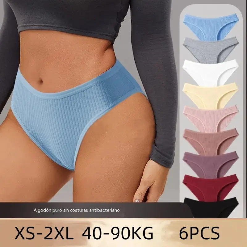 【40-90 kg】【XS-2XL】 Seksi ženske tange – jednobojne rebraste pamučne gaćice 【Set od 6 dijelova】