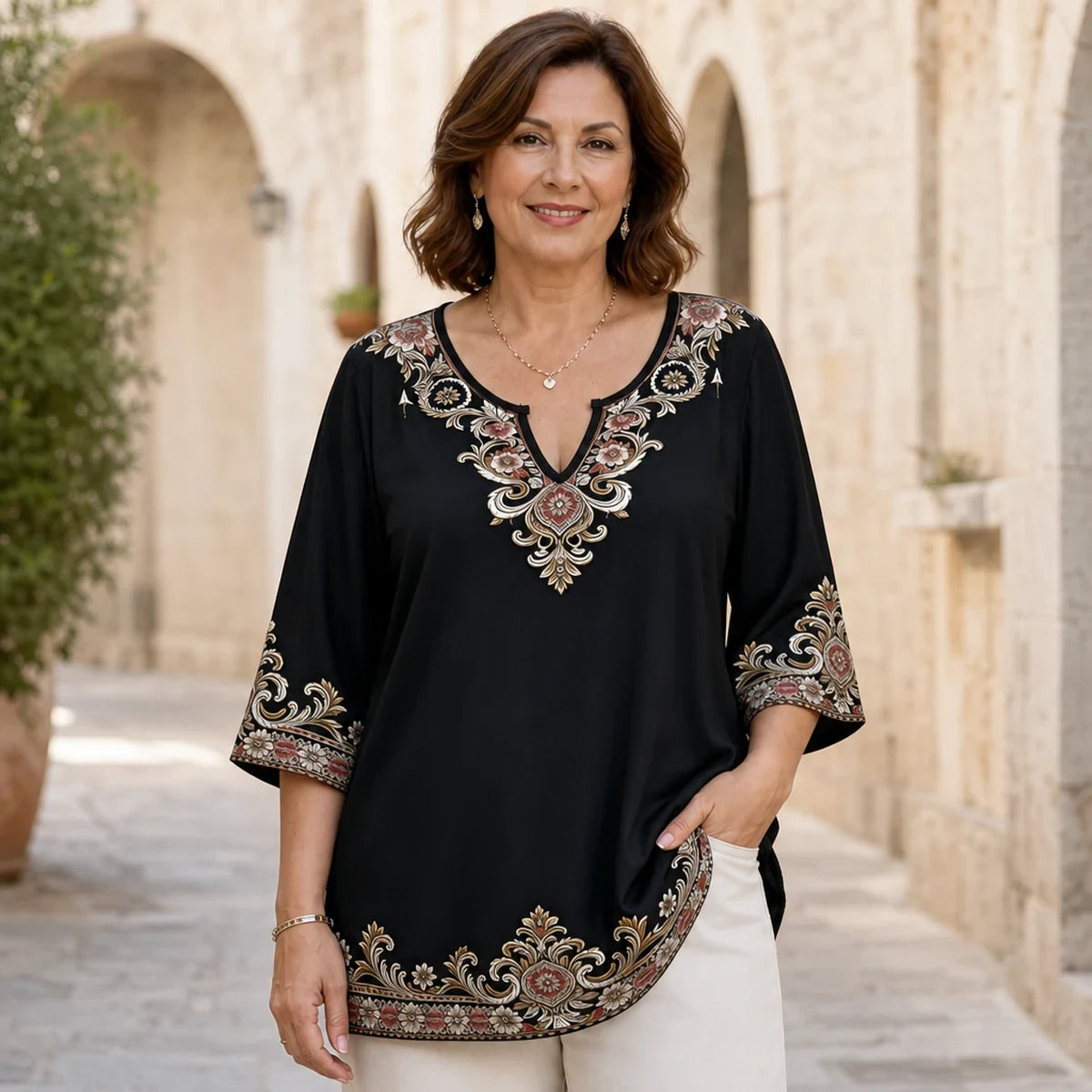 Bluza kratkih rukava s V-izrezom i retro vezom, veće veličine