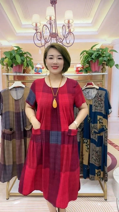 👗❤️【50-100 kg】2025 Rochie de călătorie în carouri, la modă lejeră Rochie confortabilă pentru mamă