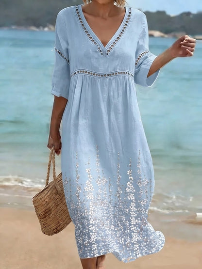 👗【S-3XL】Ženska duga haljina od pamuka i lana s printom - ljetni stil, V-izrez