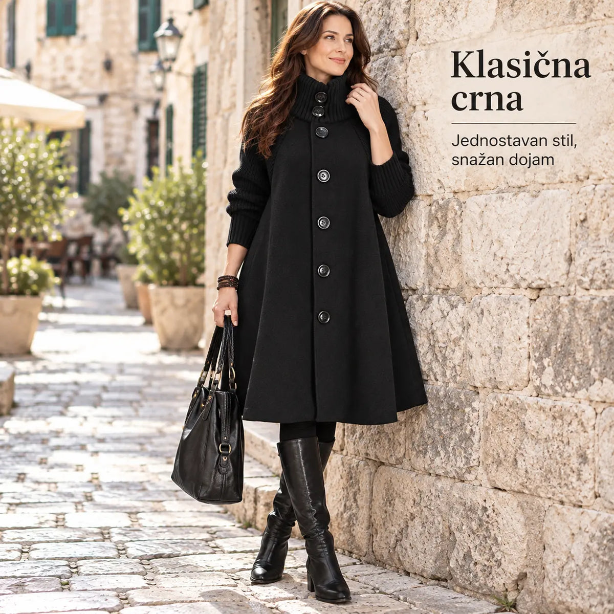 💃👍Ženski kaput s pletenim spojem, visokim ovratnikom i A-krojem, srednje dužine, topli, veličine M-5XL