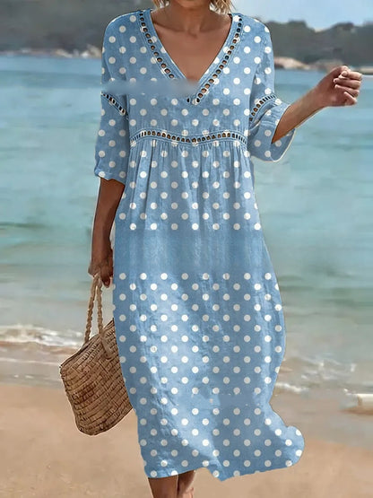 👗【S-3XL】Ženska duga haljina od pamuka i lana s printom - ljetni stil, V-izrez