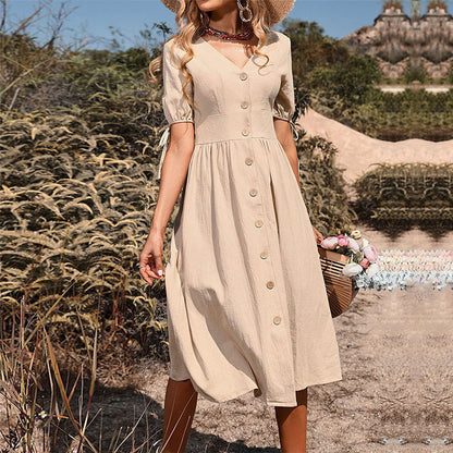 👗2025 noua fusta lunga din bumbac si in Rochie de dama cu decolteu in V de culoare uni