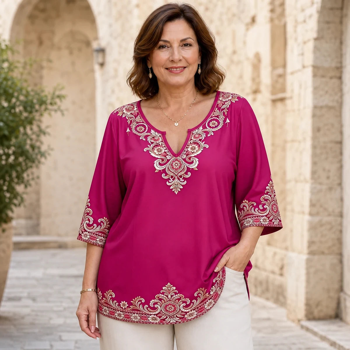 Bluza kratkih rukava s V-izrezom i retro vezom, veće veličine