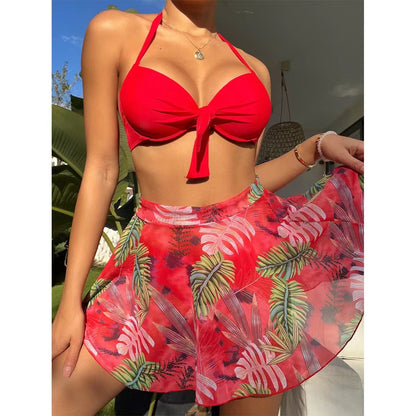 🏊‍👙🌴2025 costum de baie sexy din trei piese pentru femei, rochie de plajă cu imprimeu