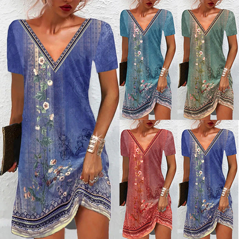 【S-5XL】 Rochie casual cu maneca scurta cu imprimeu etnic 