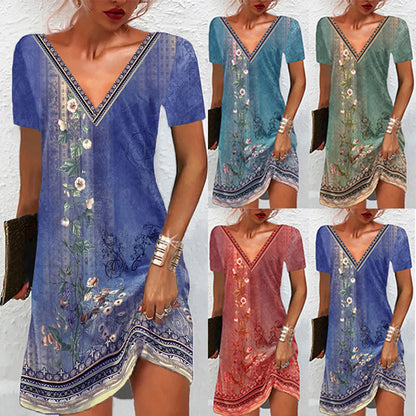 【S-5XL】 Rochie casual cu maneca scurta cu imprimeu etnic 