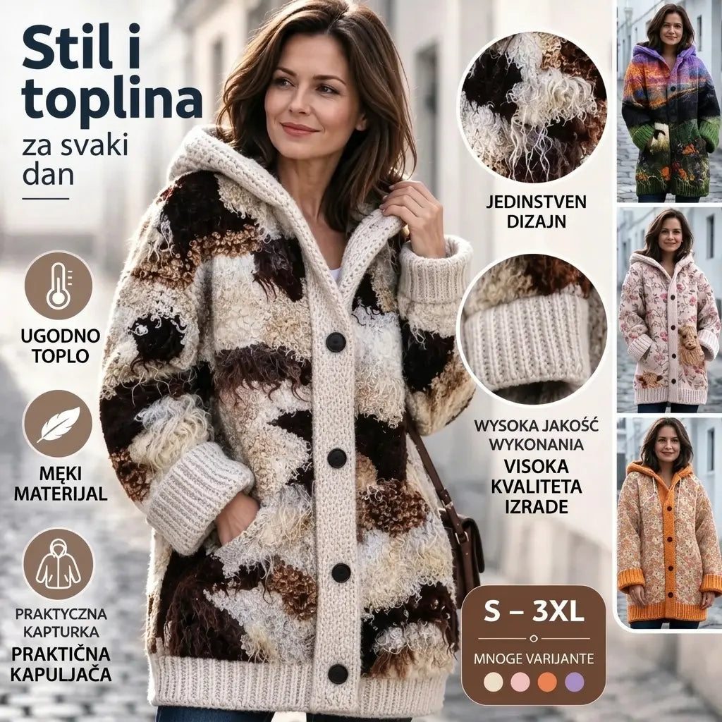 Elegantna ženska podstavljena zimska jakna s kapuljačom i uzorkom