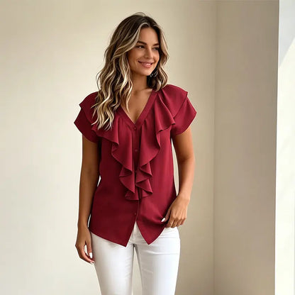 Elegantna ljetna bluza za žene s V-izrezom – ležerna košulja s volanima i gumbima, mekan, prozračan i hladan materijal