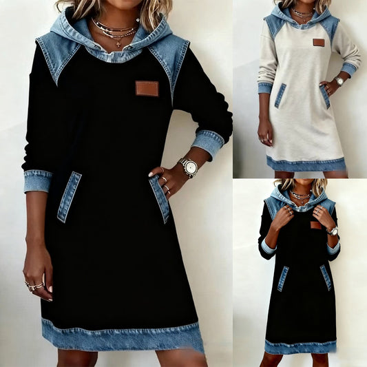 🌷🌞Zimska nova modna traper haljina s kapuljačom od patchworka