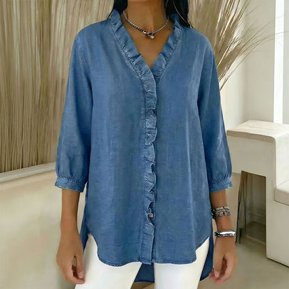 【S-3XL】Ženska ležerna jeans srajca z V-izrezom in volančki